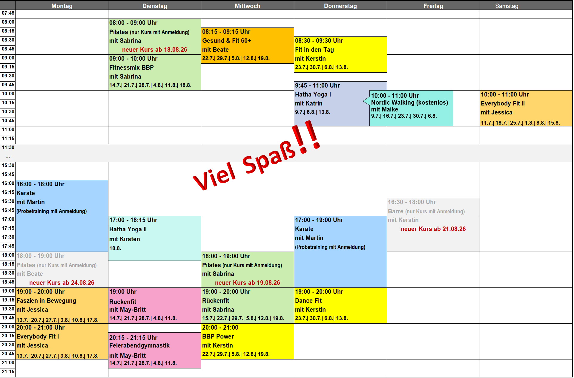 Sonder-Hallenplan Fitness (Sommerferien 09. Juli - 19. August 2026)