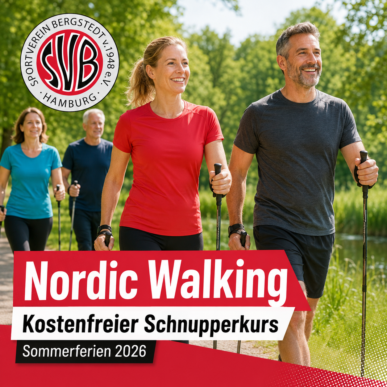 Teilnehmerinnen und Teilnehmer beim Nordic Walking im Sommer – kostenfreier Schnupperkurs des SV Bergstedt